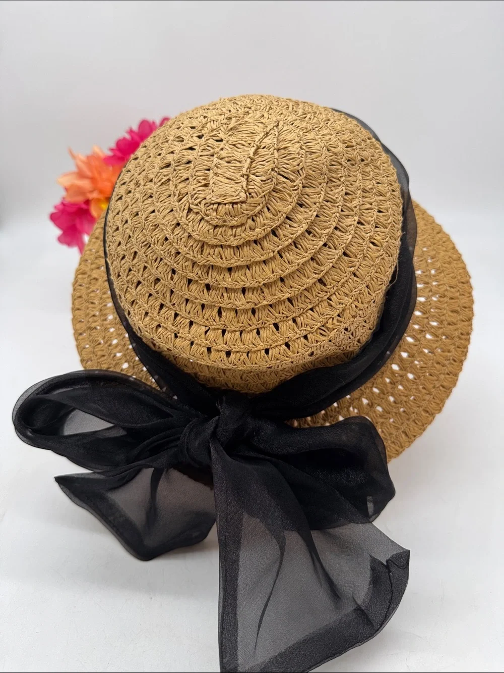 Giovannio Straw Sun Hat with Black Scarf w/Bow